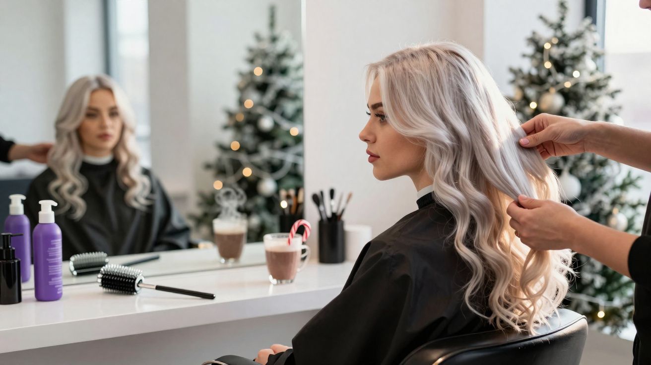 Woman with long wavy blonde hair having her hair styled in a salon with Christmas trees in the background.