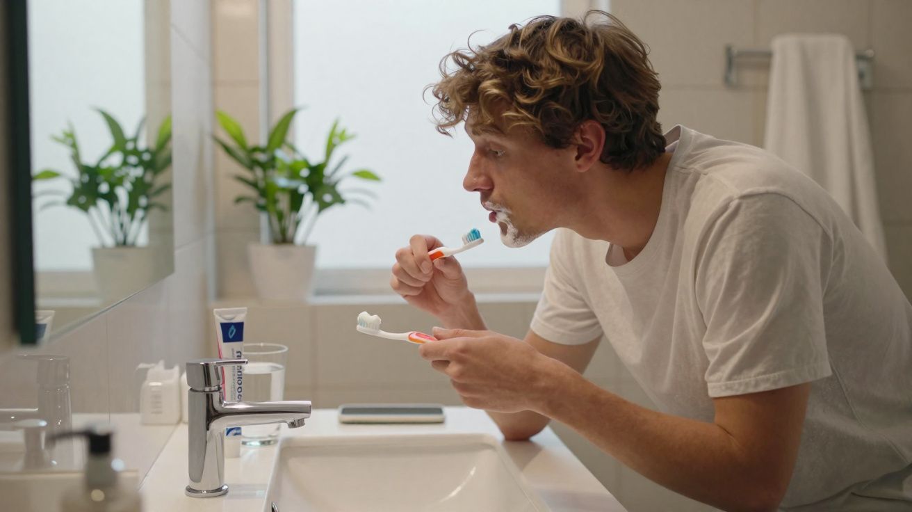 Man in beige t-shirt brushing his teeth with two toothbrushes in a bright bathroom.