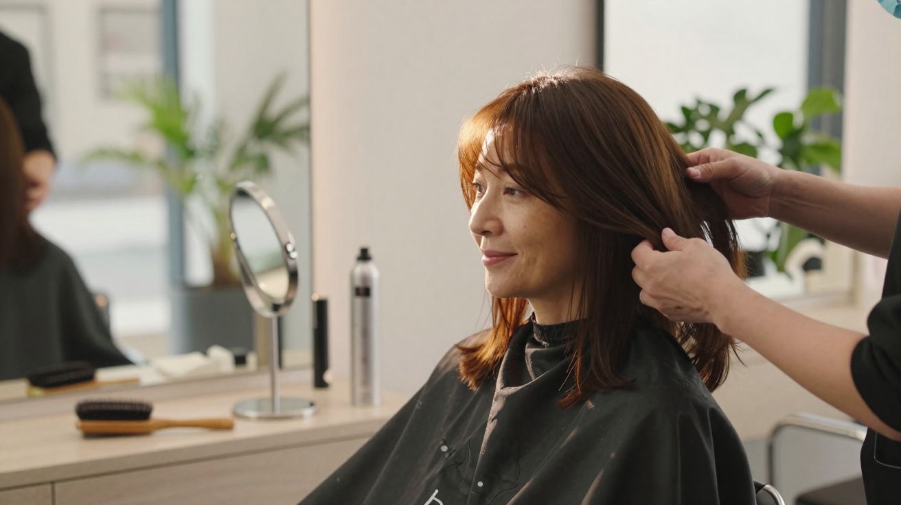 Woman sitting in a salon chair having her hair styled by a hairdresser in a modern hair salon.