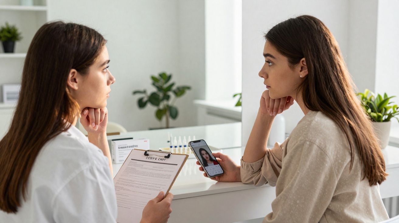 Two women having a consultation at a desk, one holding a clipboard, the other showing a photo on her phone.