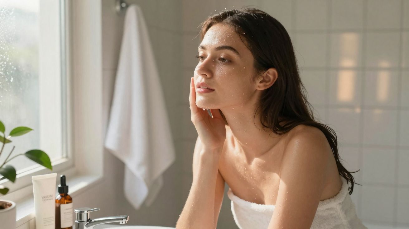 Woman wrapped in towel applying skincare in bright bathroom near window with plants and toiletries