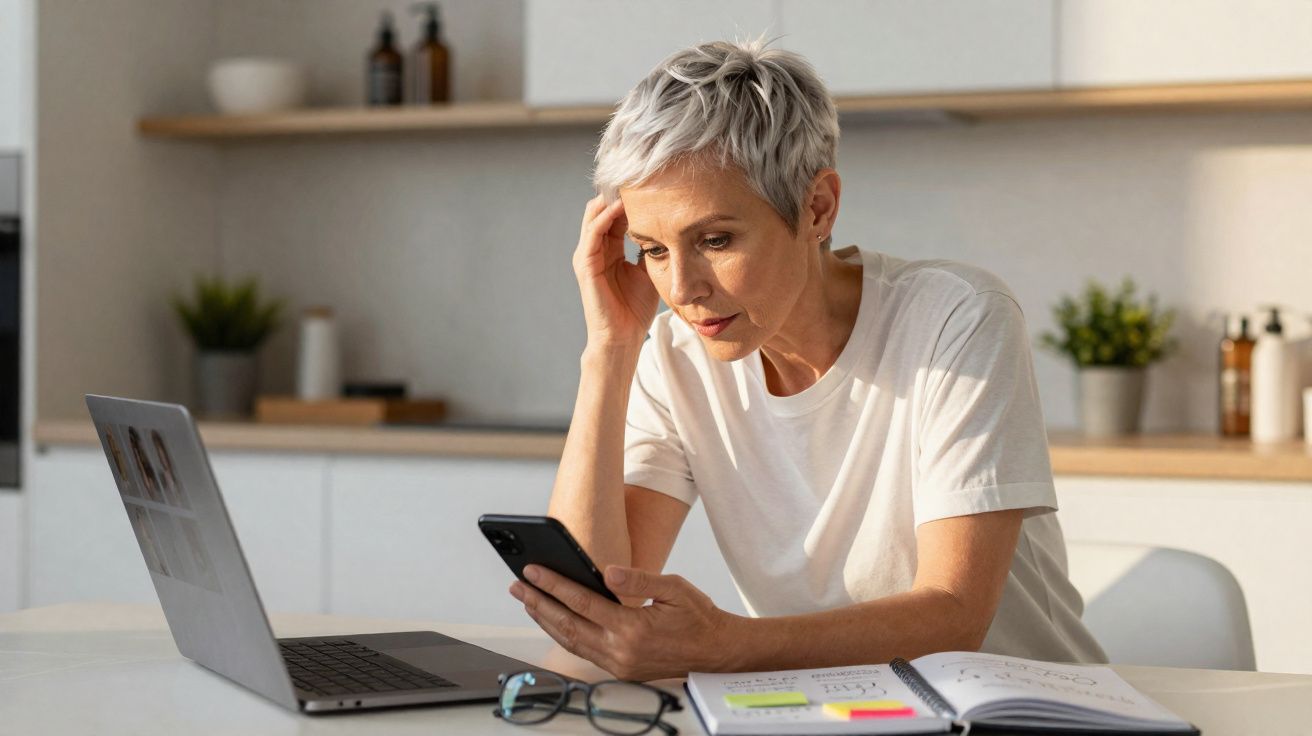 Woman with short grey hair looking at smartphone while sitting at table with laptop and open notebook in kitchen.