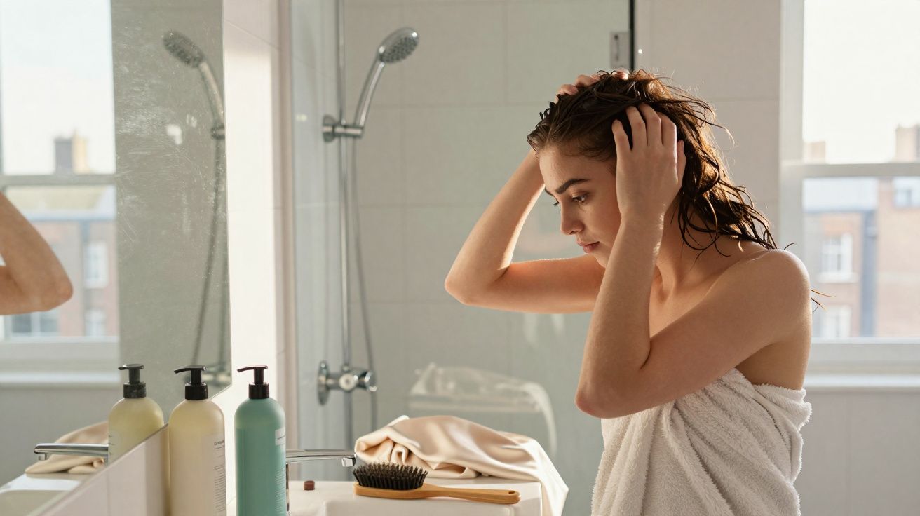 Woman with wet hair wrapped in towel adjusting hair in bathroom mirror with hairbrush and toiletries nearby