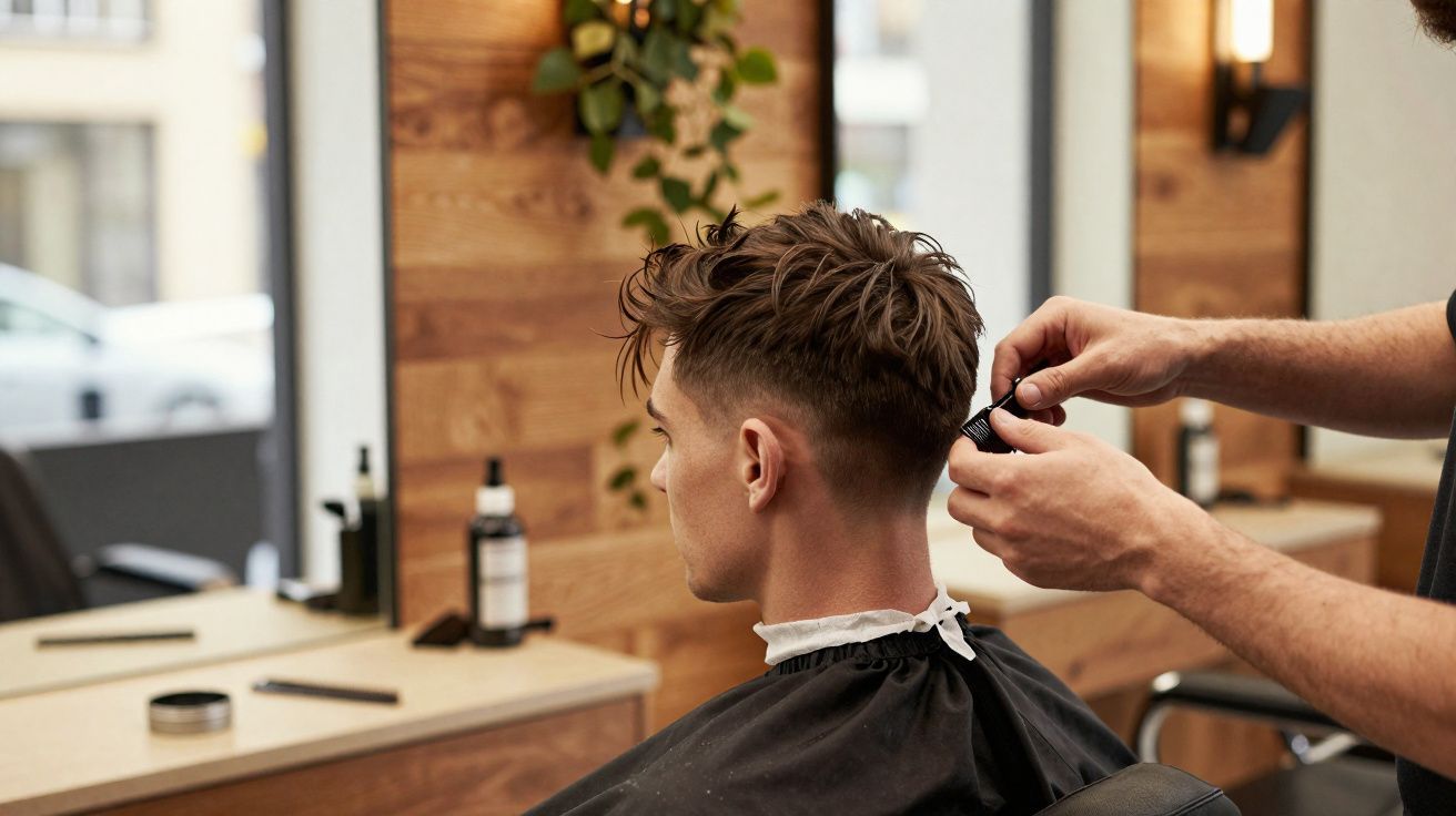 Barber trimming young man's hair with electric clippers in a modern barbershop with wooden decor.
