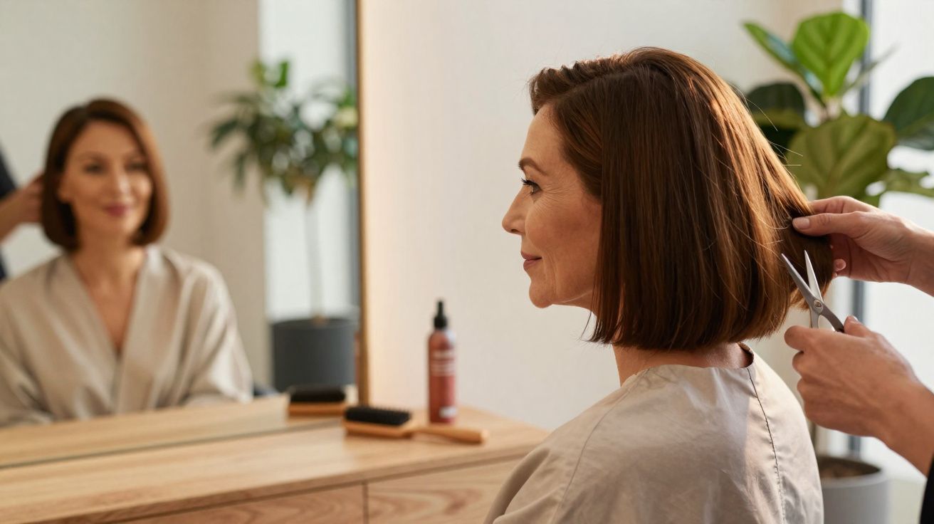 Woman with shoulder-length hair getting a haircut while looking at herself in a salon mirror.