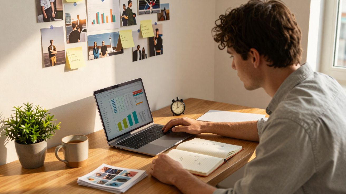 Young man working on laptop with graphs at wooden desk, surrounded by notes, photos, plant, and coffee cup.