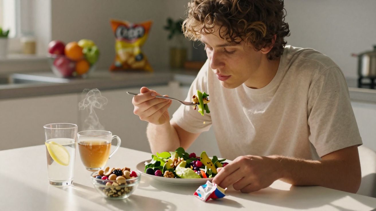 Young man eating a fresh salad with nuts and berries, with a glass of lemon water and hot tea on the table.