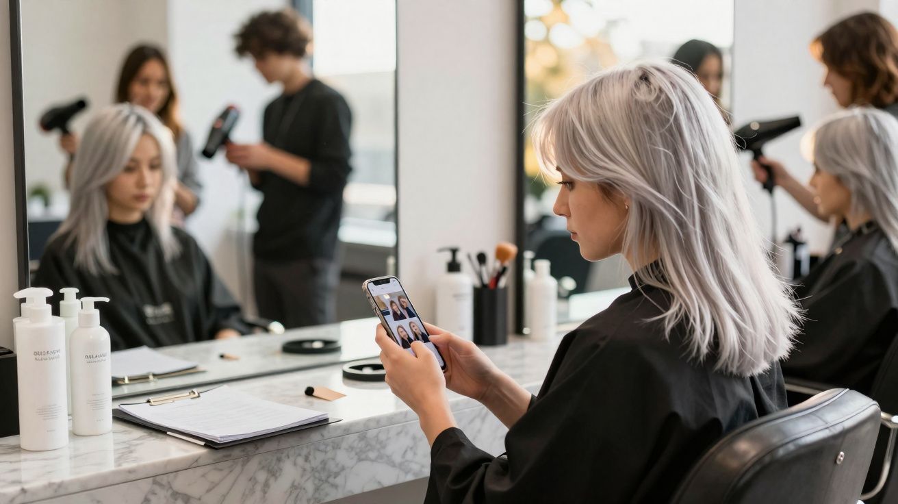 Woman with silver hair using a smartphone while a hairdresser blow-dries her hair in a salon.