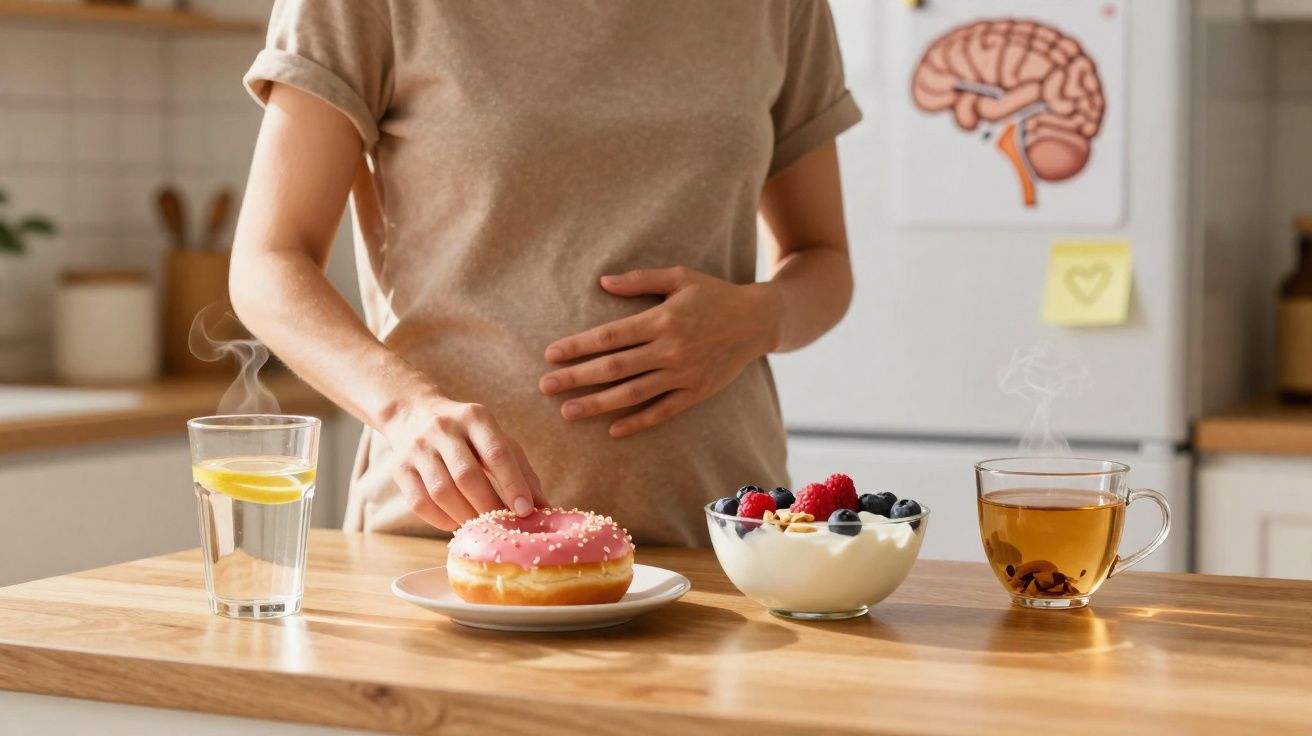 Person holding their stomach choosing between a pink donut, a bowl of yoghurt with berries, and hot drinks on a wooden table.