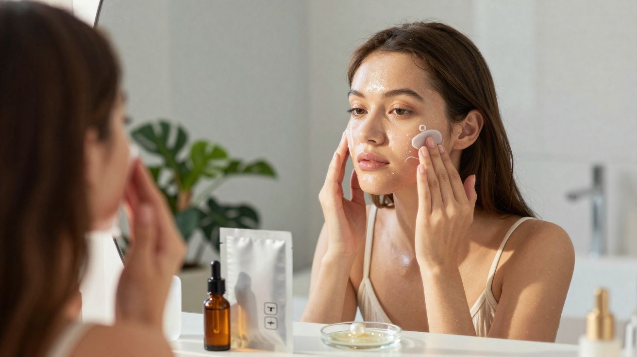 Young woman applying facial cleanser with a sponge in front of a bathroom mirror.