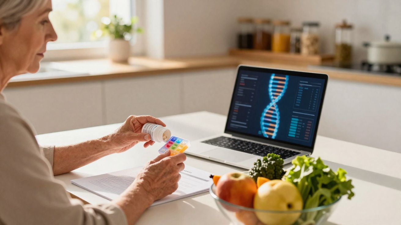 Senior woman organising daily medication with a DNA analysis on laptop, fresh fruit bowl in foreground.