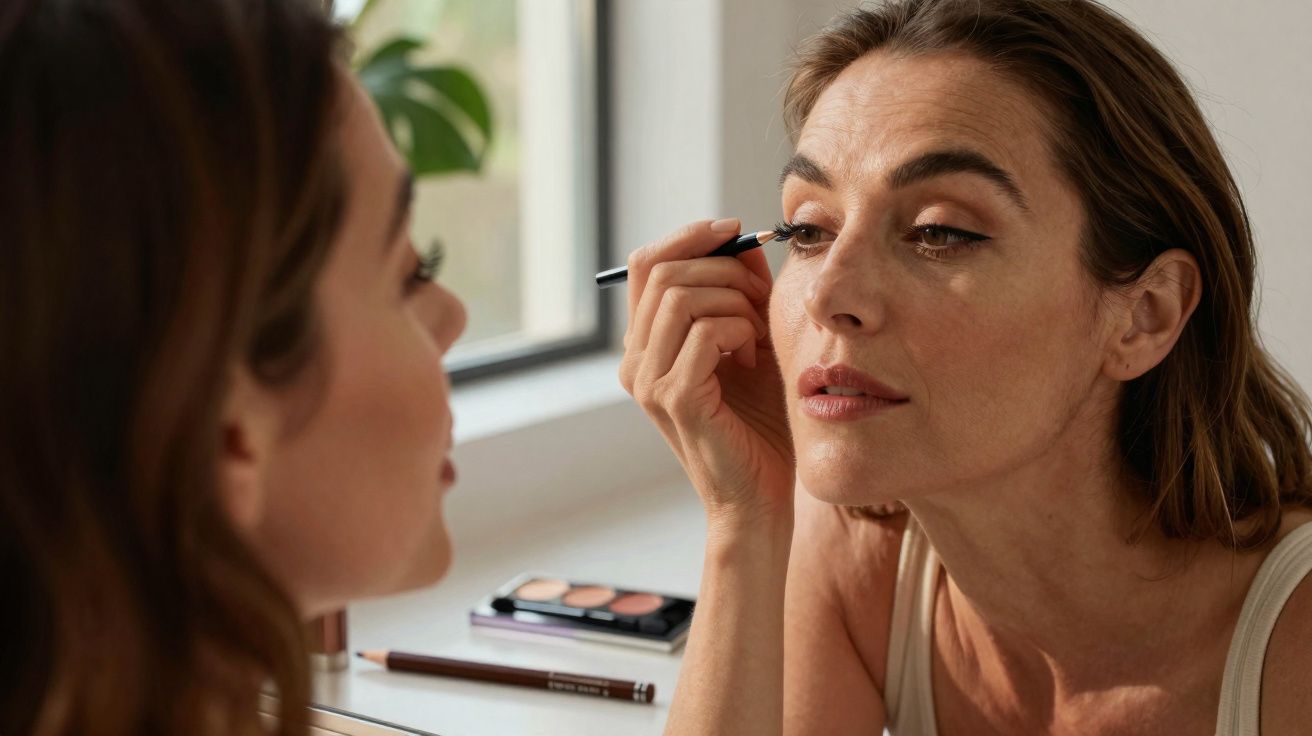Woman applying eyeliner in front of a mirror with makeup products on the table.