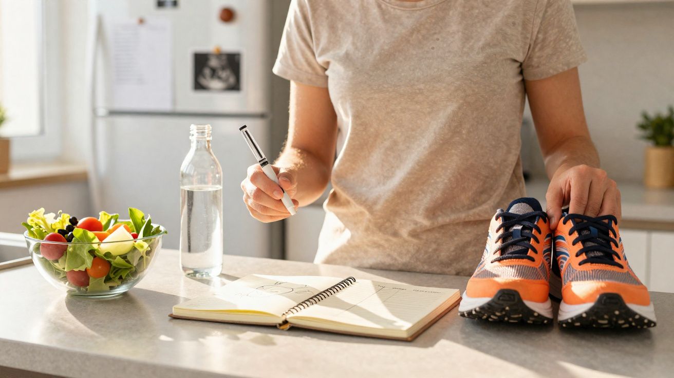 Person holding orange running shoes and writing in notebook with water bottle and salad bowl nearby on kitchen counter