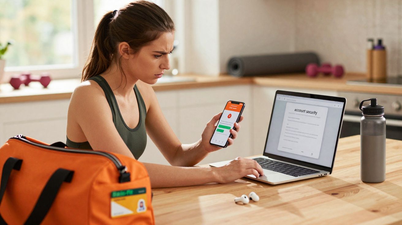 Woman in sportswear using phone and laptop for account security verification at kitchen table with gym bag.