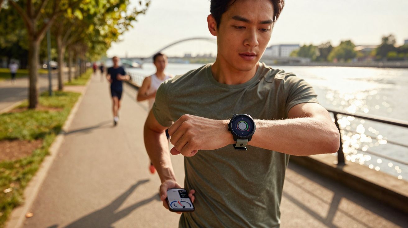 Man running by riverside path checking fitness smartwatch with two runners in background on sunny day