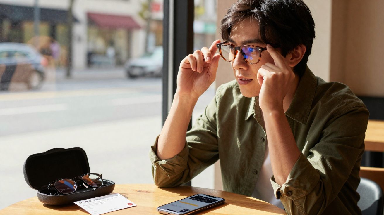 Young man trying on glasses at a café table with a phone and glasses case nearby by a window.