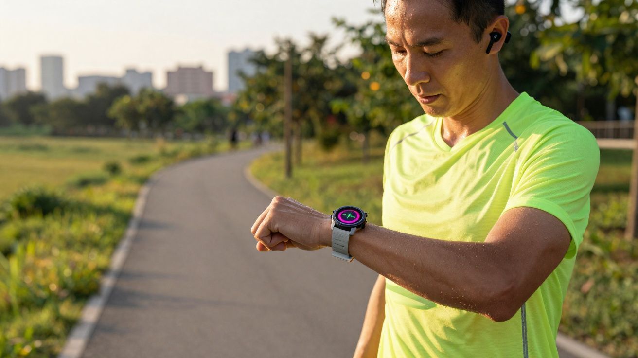Man in bright green shirt checking smartwatch while sweating on outdoor running path at sunset