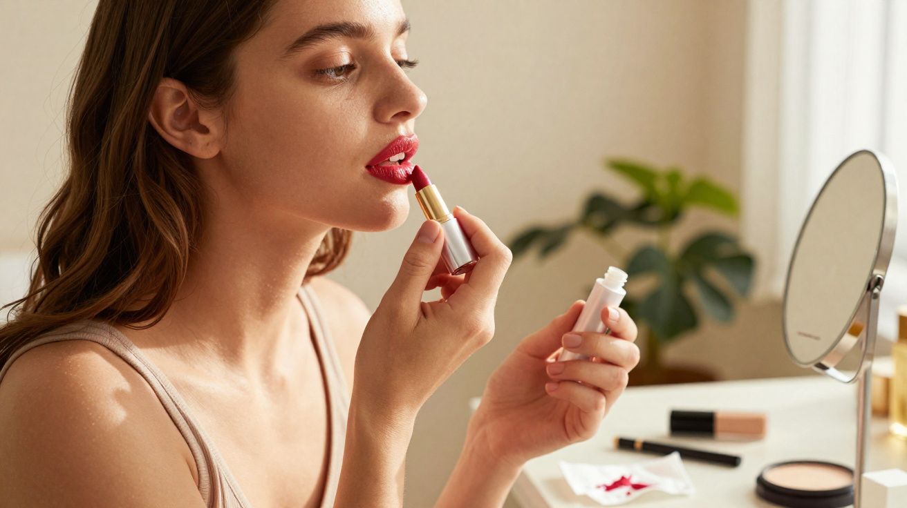 Young woman applying red lipstick while looking into a mirror on a white vanity table.