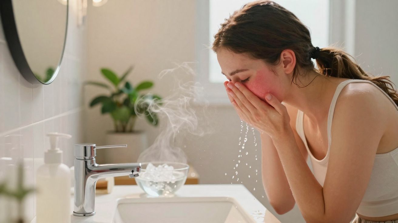 Woman with red cheeks washing her face over a steaming sink in a bright bathroom.