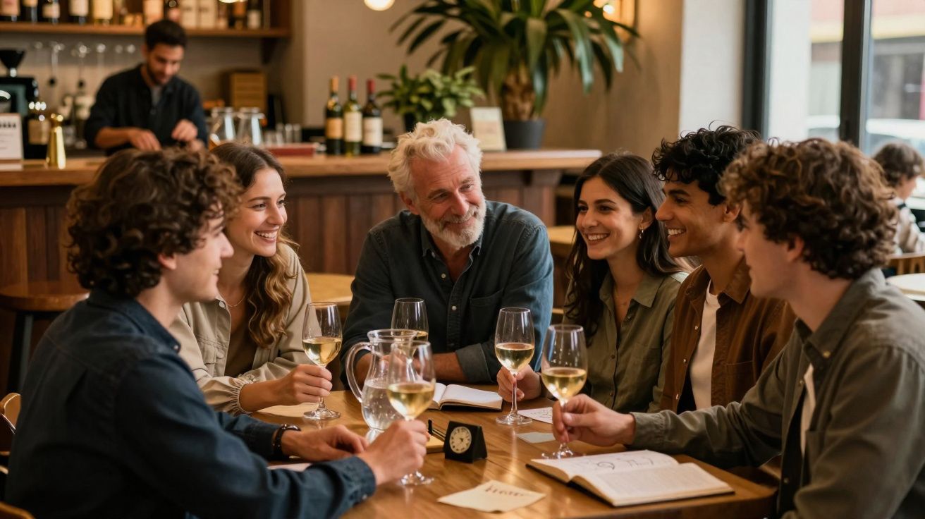 Group of six people enjoying wine and conversation around a wooden table in a cosy bar.