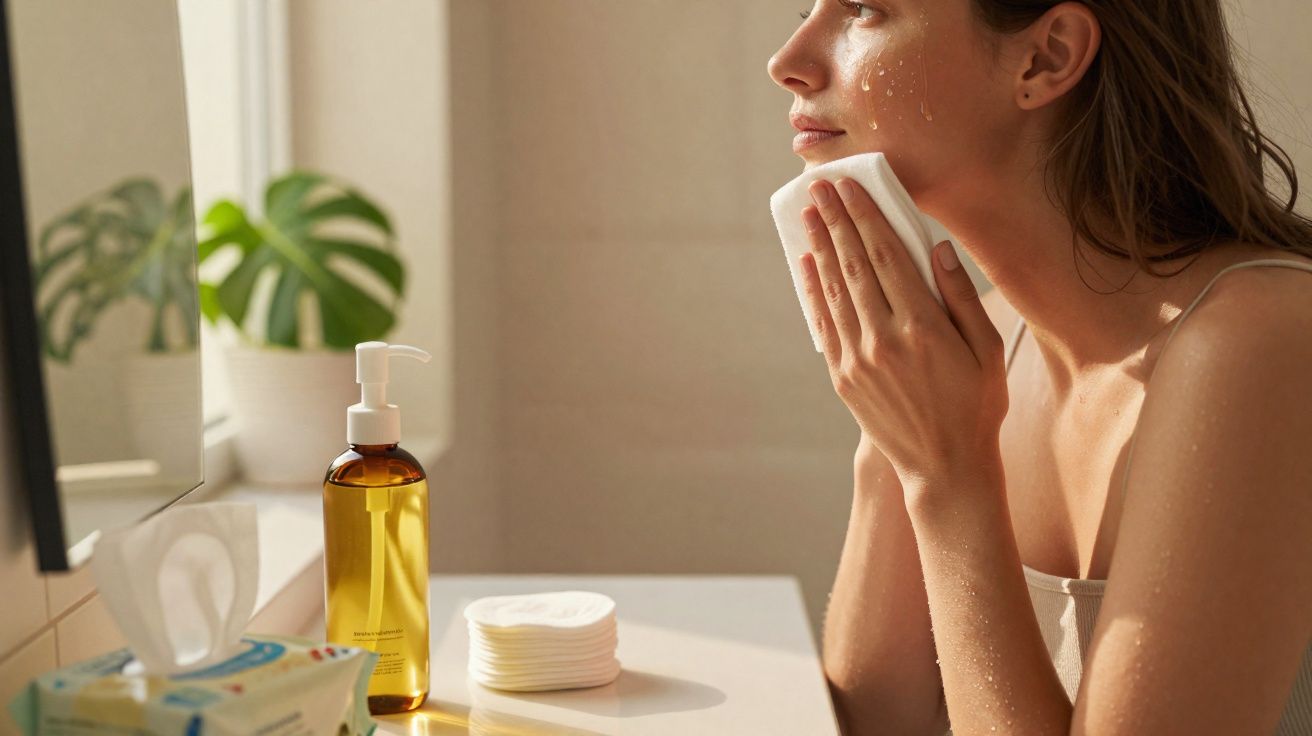 Woman with wet face using cotton pad for skincare in a bright bathroom with plants and products on the counter.