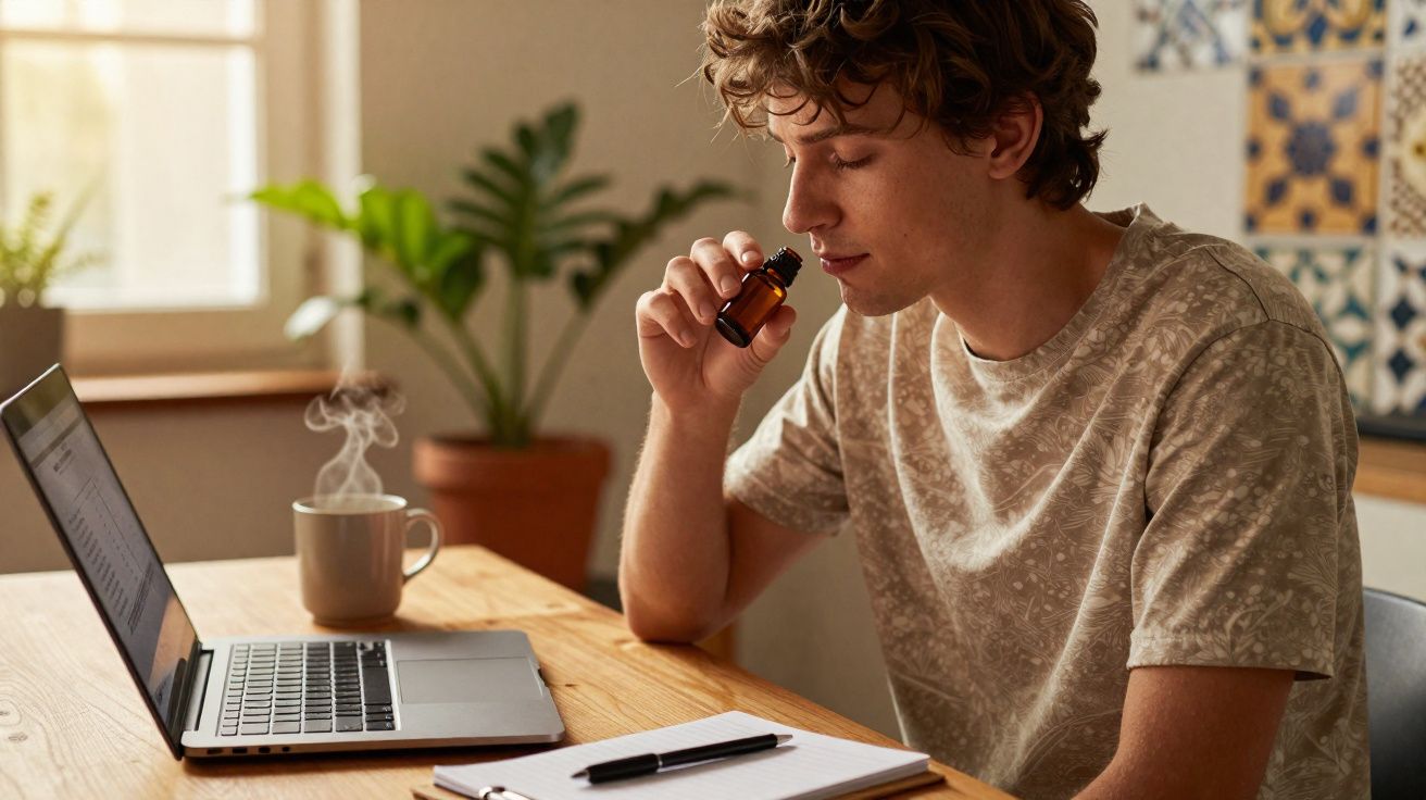 Young man smelling essential oil bottle at wooden desk with laptop, notebook, and steaming mug in bright room