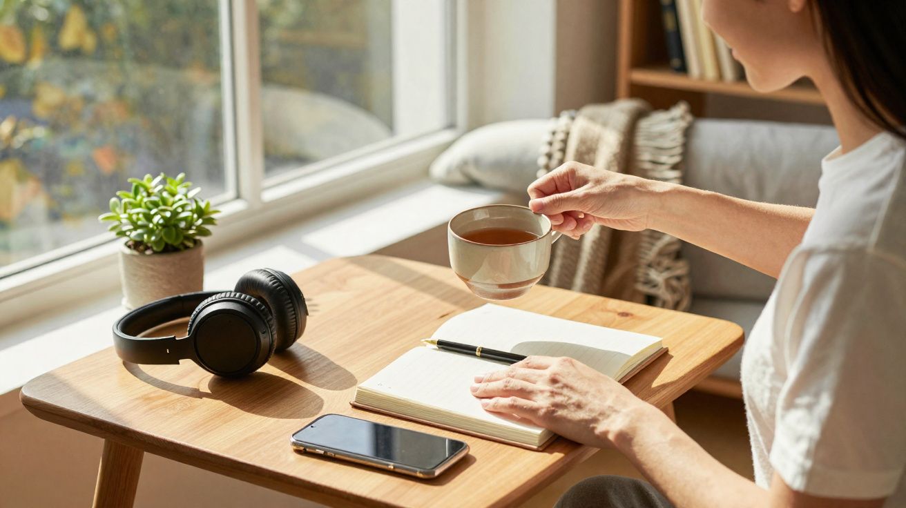 Person holding a cup of tea while sitting at a wooden table with a notebook, phone, headphones, and plant nearby.