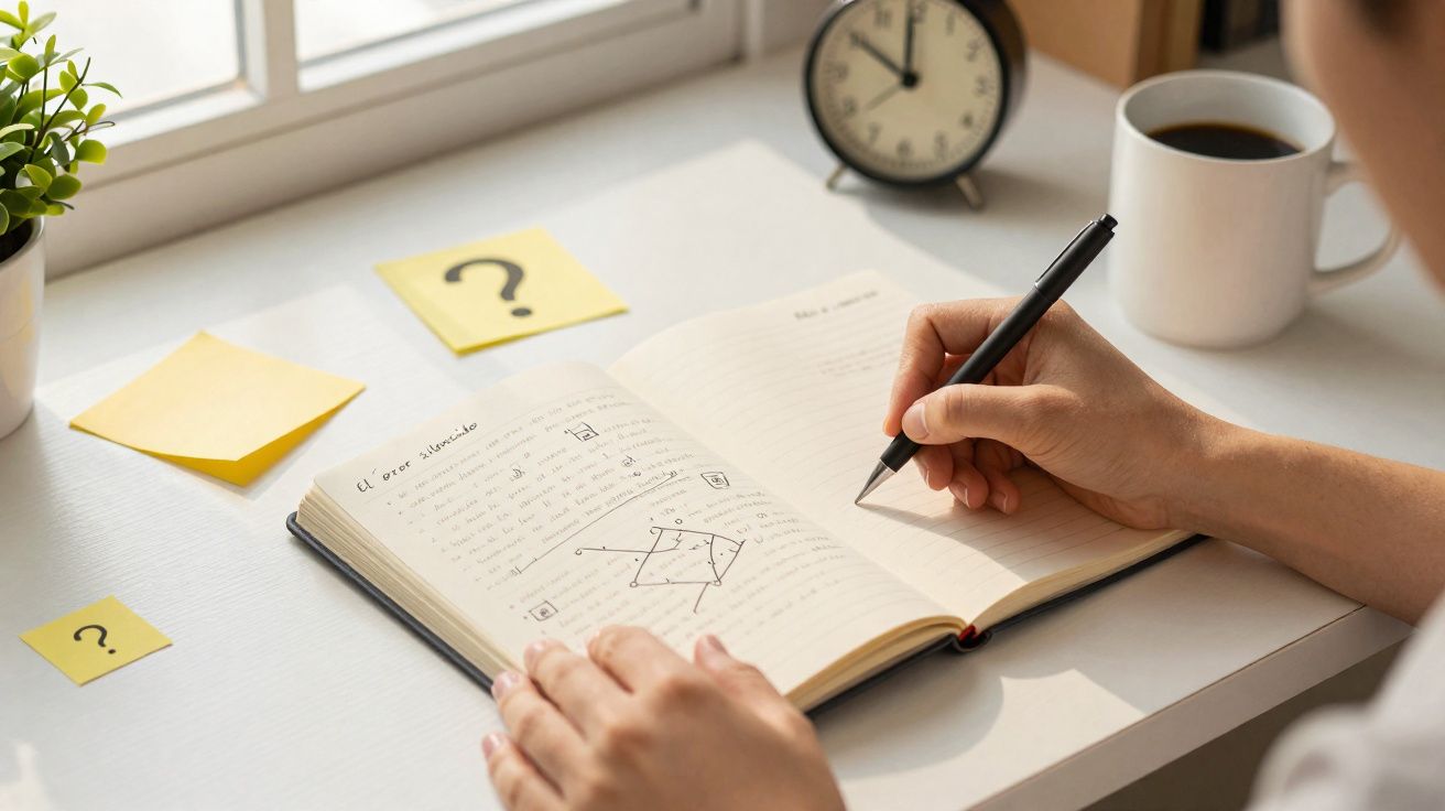 Person writing in an open notebook with geometrical drawings, sticky notes with question marks, clock, plant, and coffee cup 
