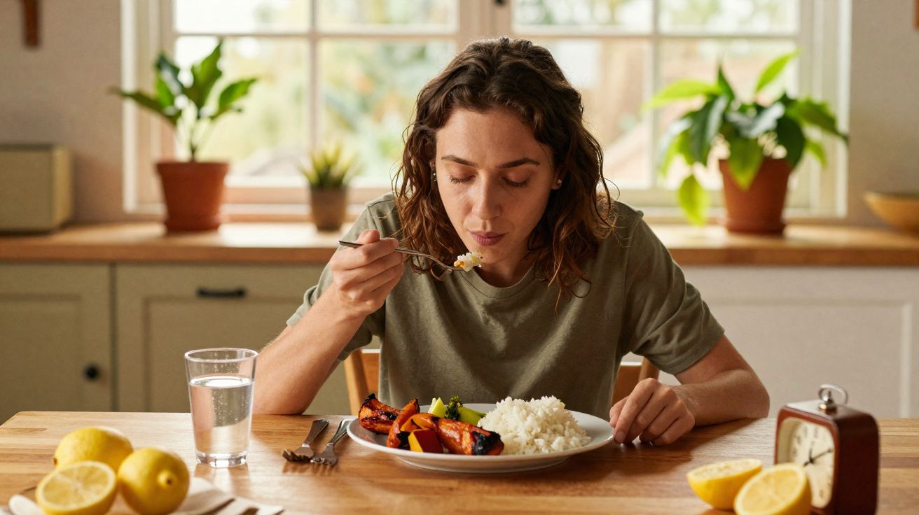 Woman eating rice and grilled vegetables at a wooden table with lemons, a glass of water, and a clock nearby.