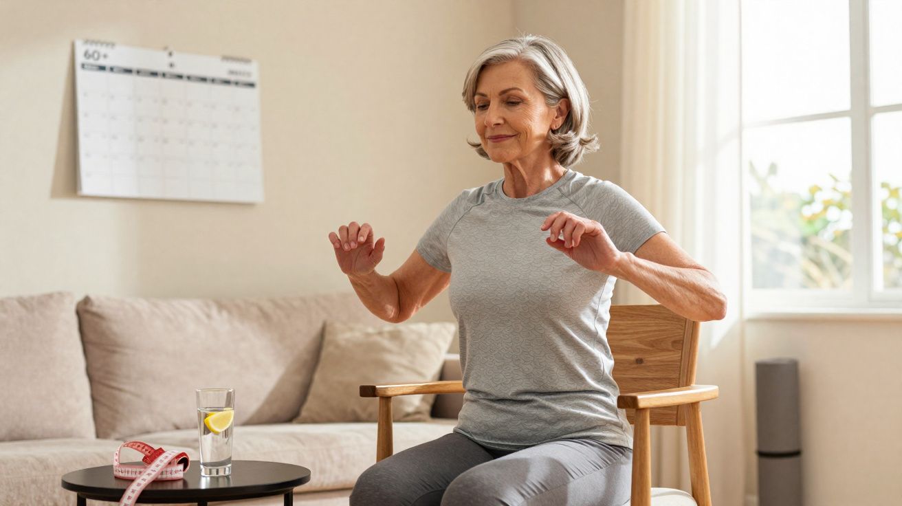 Older woman in grey activewear practising seated meditation in bright living room with water and measuring tape nearby