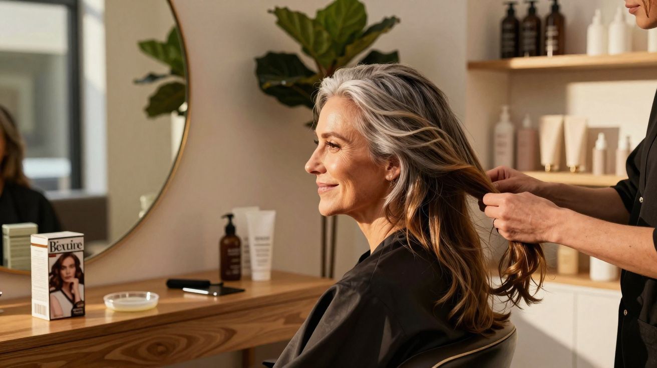 Woman with grey hair smiling while getting her hair styled at a salon with hair products on shelves.