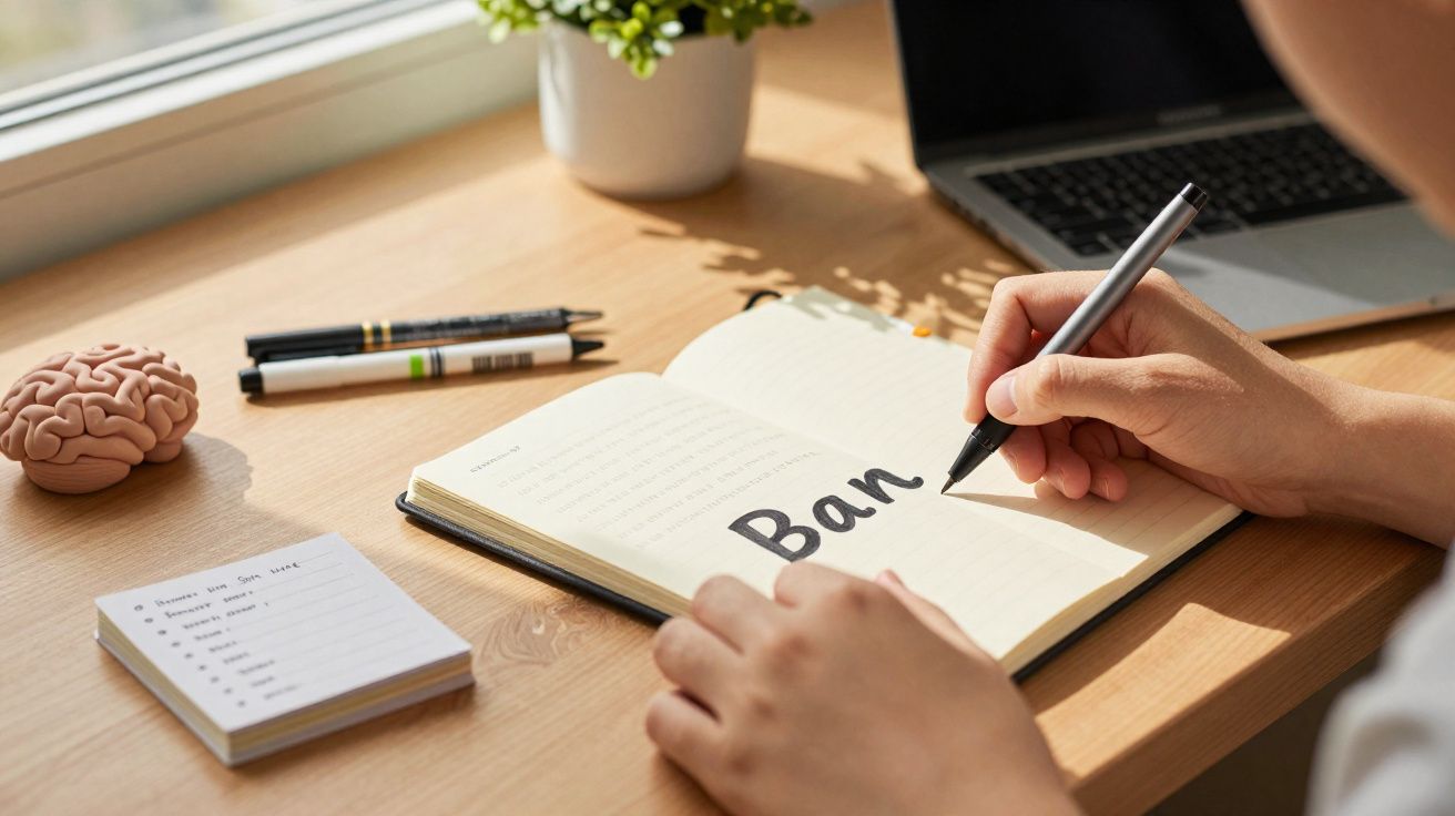 Person writing the word "Ban" in a notebook on a wooden desk with a laptop and brain model nearby.