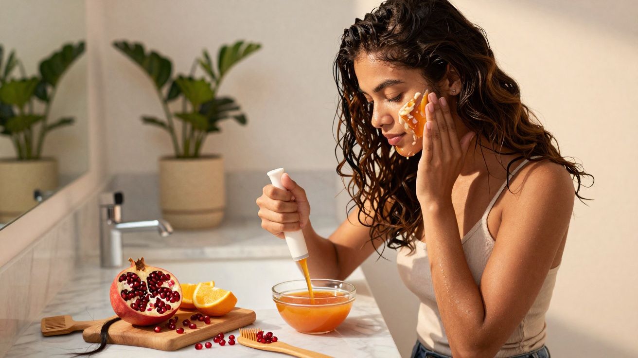 Woman applying a homemade orange and pomegranate facial scrub in a sunlit bathroom.