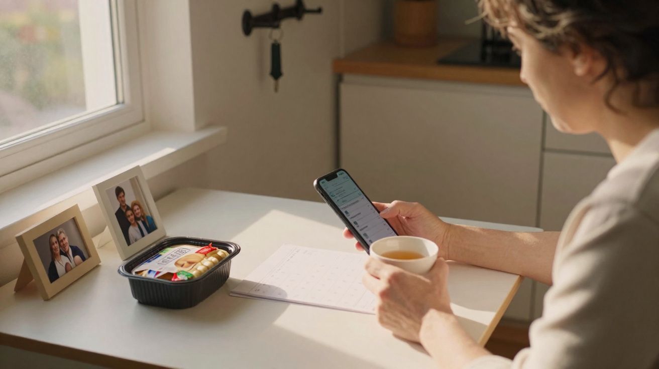 Person holding a cup and phone sitting at a kitchen table with two family photos and a meal tray.