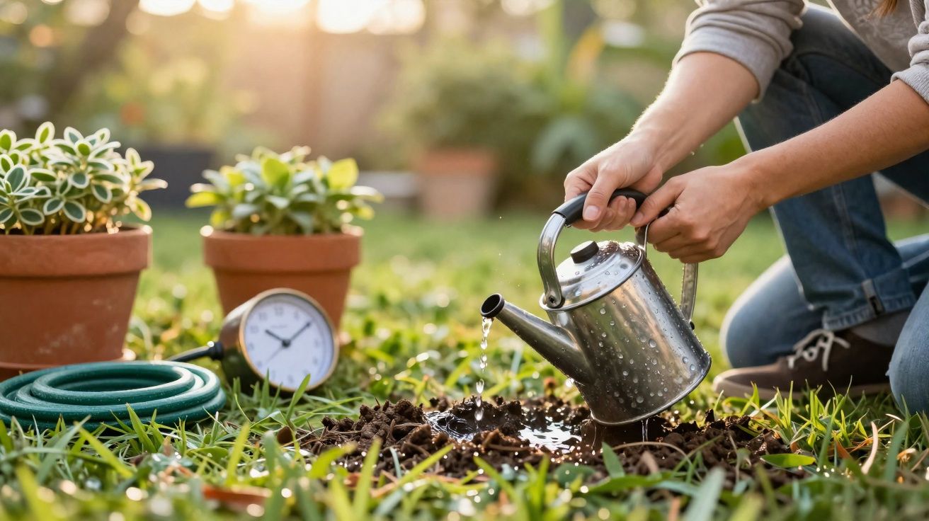 Person watering freshly dug soil in garden with metal watering can near potted plants and garden hose timer.