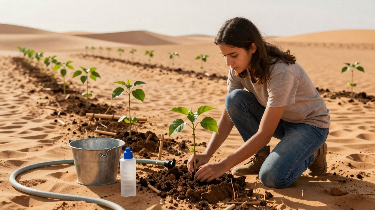 Young woman planting green saplings in a desert with soil, watering can, and hose nearby under sunlight.