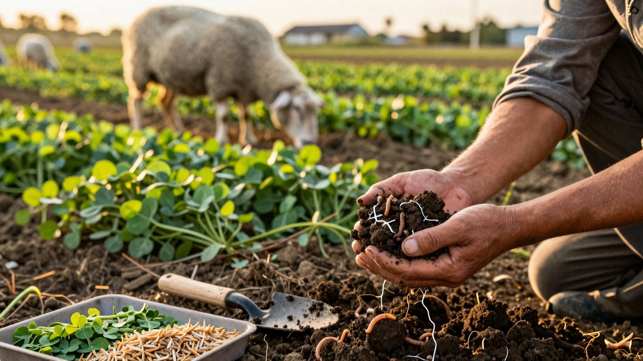 Person holding soil with worms and roots in a garden with a sheep grazing in the background at sunset.