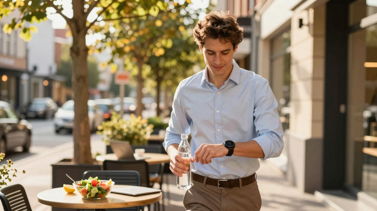 Man holding a bottle of water and checking his watch while walking past outdoor cafe tables on a sunny day.