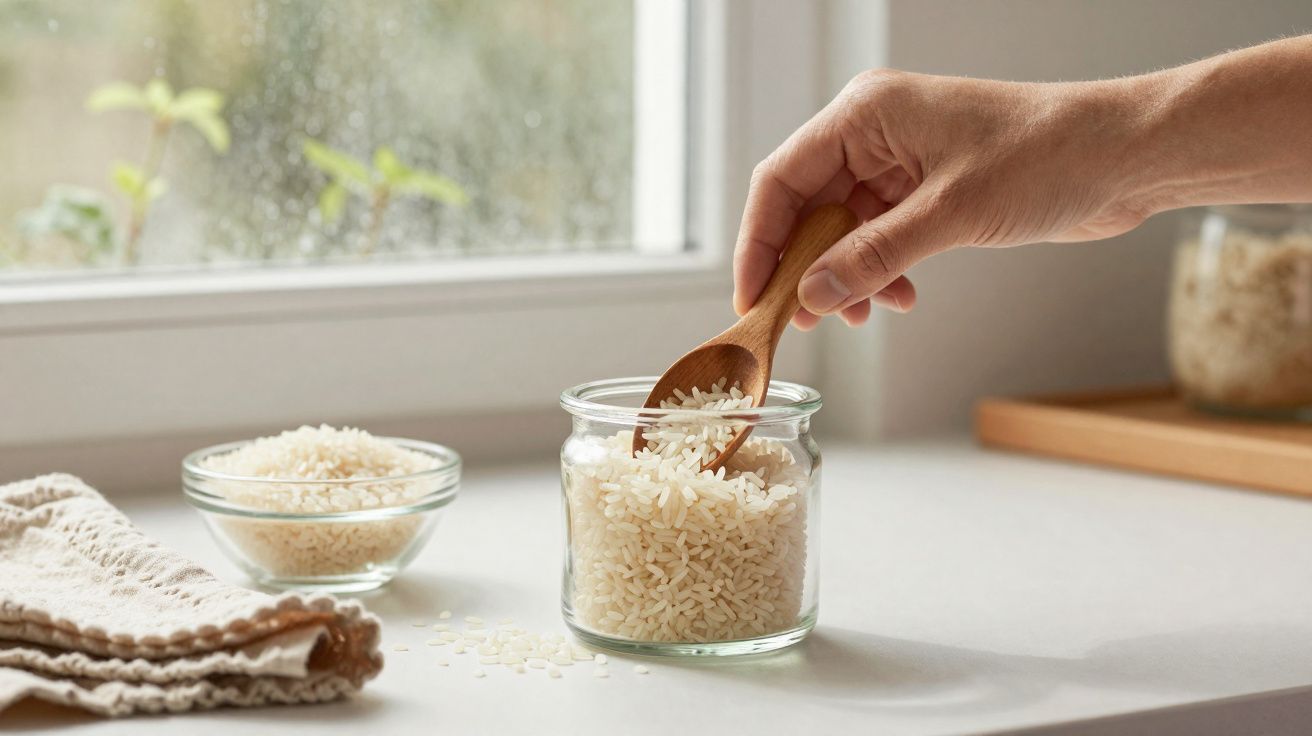 Hand scooping uncooked rice from a glass jar with a wooden spoon on a kitchen countertop.