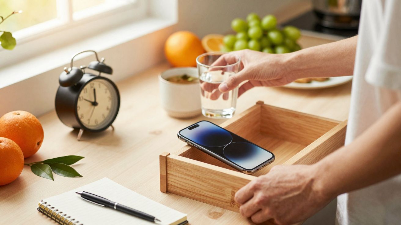 Person placing a glass of water on a wooden desk with a phone, notebook, pen, alarm clock, and fruit nearby.