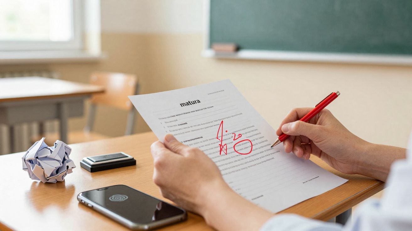 Person marking a test paper with a red pen showing a score of 8 out of 20 in a classroom setting.