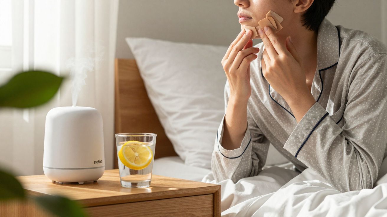 Person in grey pajamas applying adhesive face patches while sitting on bed next to diffuser and lemon water glass.