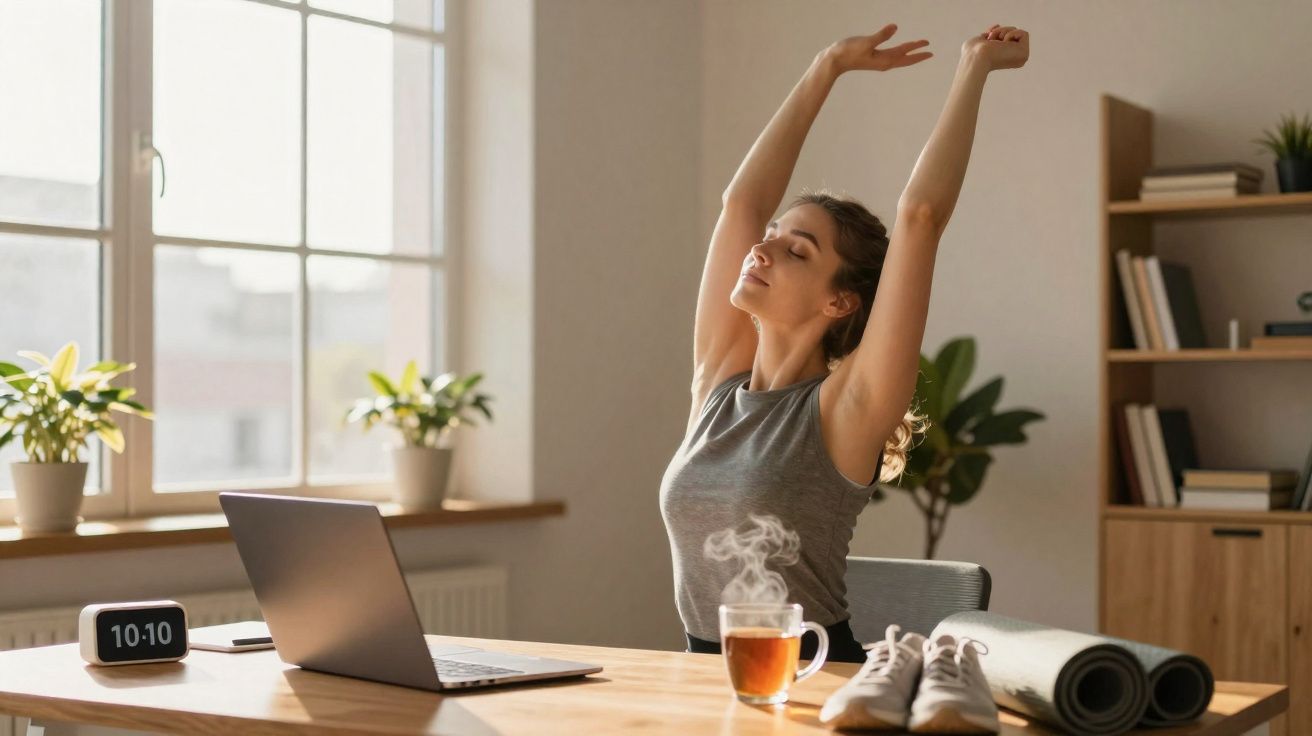 Woman stretching at a desk with a laptop, tea, and exercise gear in a bright, cosy room.