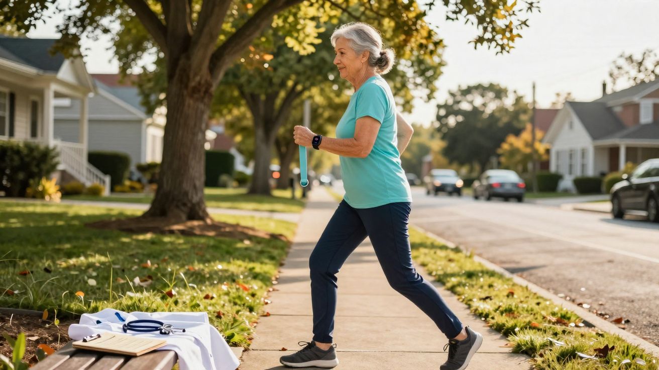 Senior woman power walking on a suburban sidewalk holding a water bottle on a sunny autumn day.