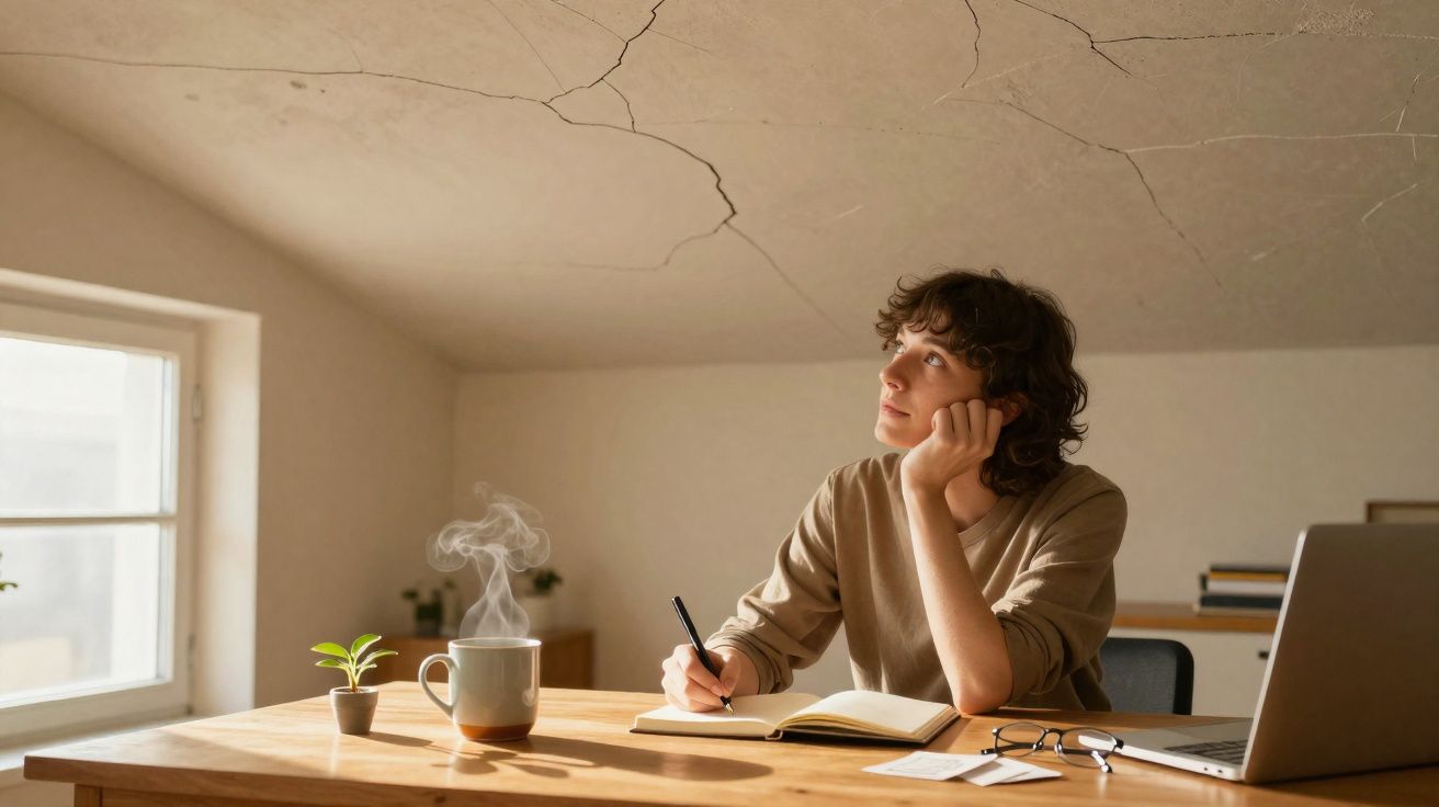 Young person sitting at wooden table writing in notebook, looking up thoughtfully beside a steaming mug and laptop.