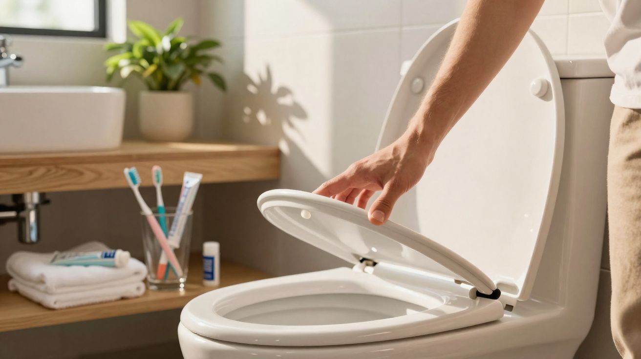 Person lifting the lid of a clean white toilet in a bright bathroom with toiletries on a wooden shelf nearby