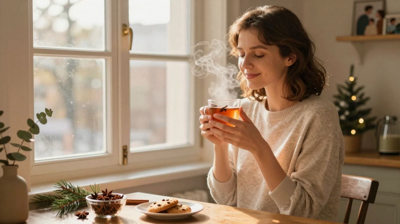 Woman in a cream sweater enjoying a hot drink by a window with cookies and festive decorations on the table.