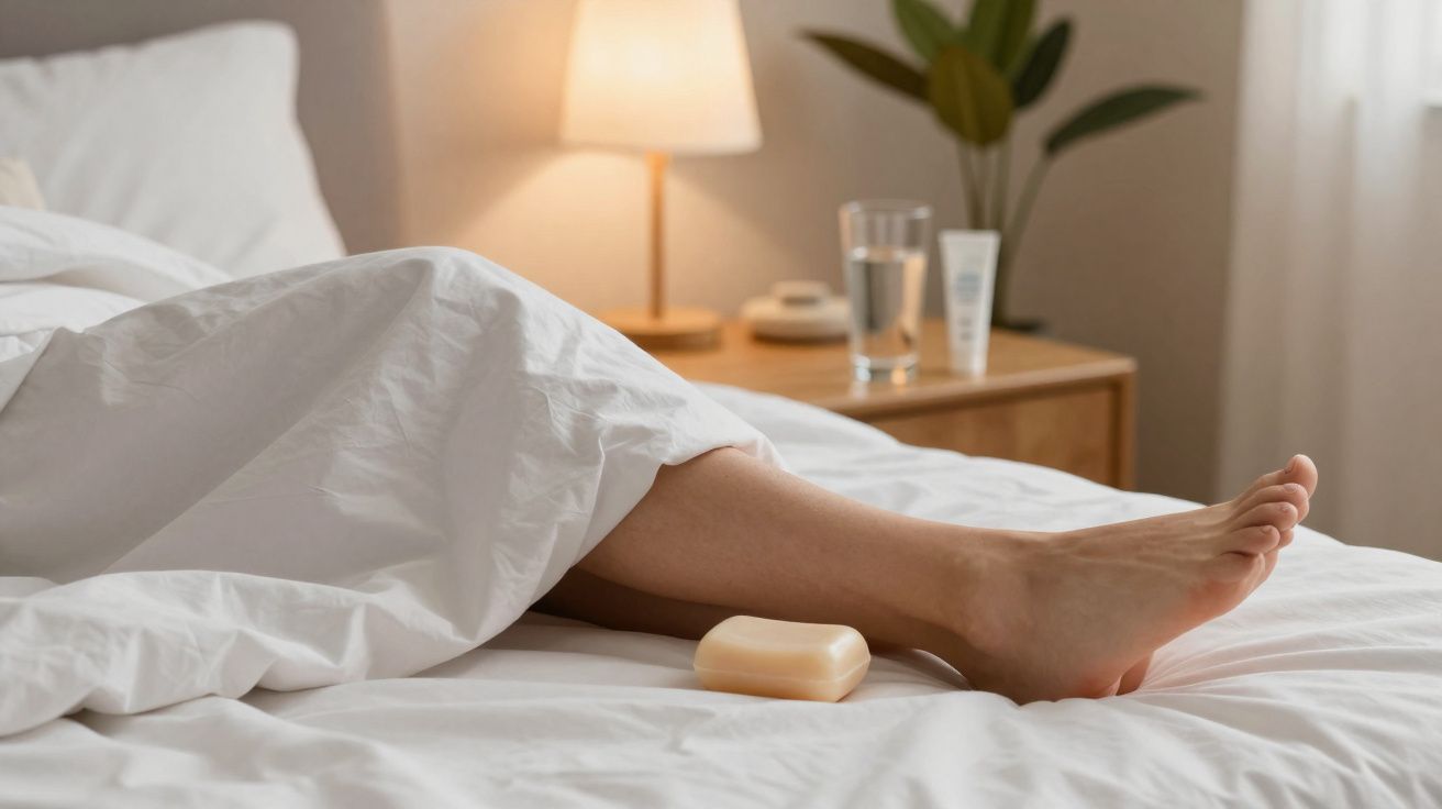 Person's bare foot sticking out from under white bed sheets with a bar of soap on the bed in a softly lit bedroom