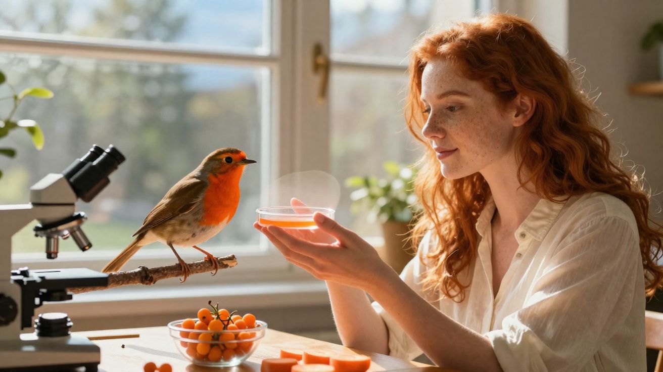 Young woman with red hair observing a robin perched on a stick indoors near a microscope and fruits.