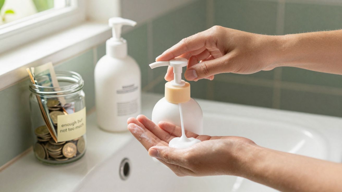 Hands dispensing liquid soap from a pump bottle over a bathroom sink with a tip jar nearby.
